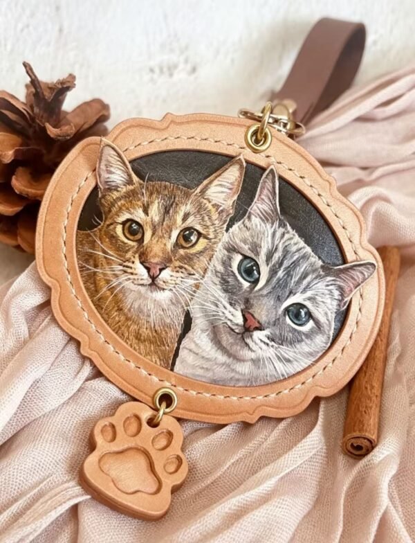 Custom Dual‑Pet Leather Carving Charm | 3D Portrait of Two Pets, Vintage Scalloped Genuine Leather Memorial Ornament 4.72in