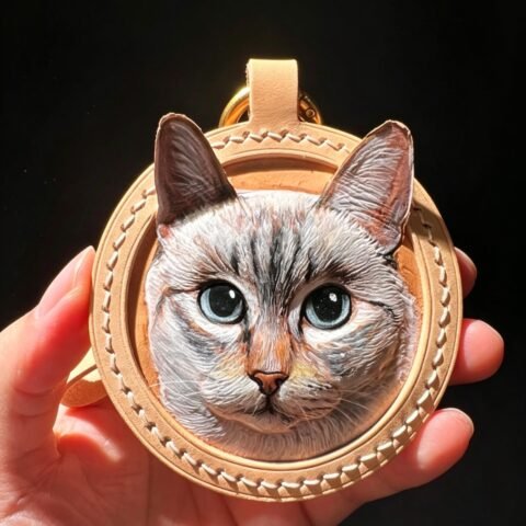 2.76in Round Custom Leather Carving Pet Tag – Handmade 3D Engraved Veg‑Tan Dog Cat Portrait