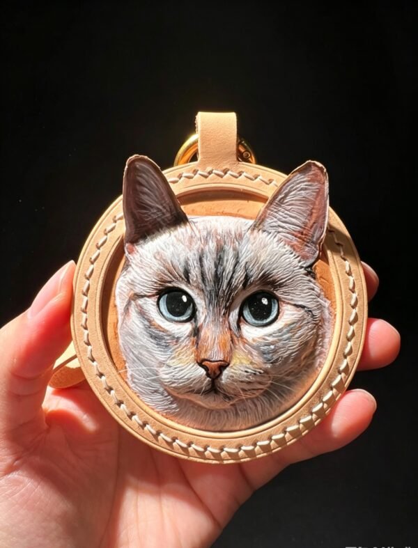 2.76in Round Custom Leather Carving Pet Tag – Handmade 3D Engraved Veg‑Tan Dog Cat Portrait