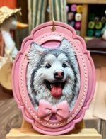 Vintage Scalloped Frame Pet Leather Carving Charm | Custom Dog Portrait Keychain, Hand‑Tooled Pet Memorial Gift 4.72in