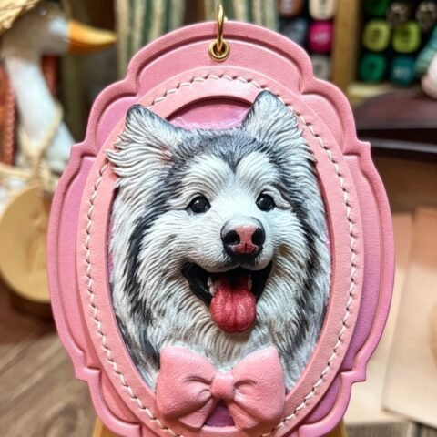 Vintage Scalloped Frame Pet Leather Carving Charm | Custom Dog Portrait Keychain, Hand‑Tooled Pet Memorial Gift 4.72in