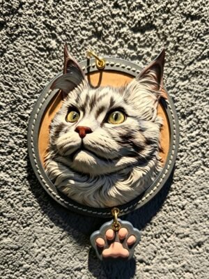 3.94in Round Custom Pet Leather Carving Keychain, 3D Embossed Dog Cat Portrait Leather Pendant, Handmade Pet Memorial Ornament