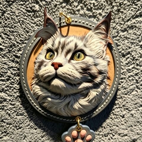3.94in Round Custom Pet Leather Carving Keychain, 3D Embossed Dog Cat Portrait Leather Pendant, Handmade Pet Memorial Ornament