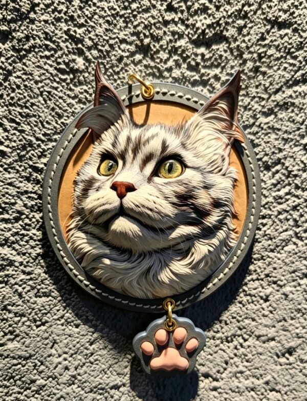 3.94in Round Custom Pet Leather Carving Keychain, 3D Embossed Dog Cat Portrait Leather Pendant, Handmade Pet Memorial Ornament