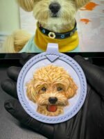 2.76in Round Custom Leather Carving Pet Tag – Handmade 3D Engraved Veg‑Tan Dog Cat Portrait