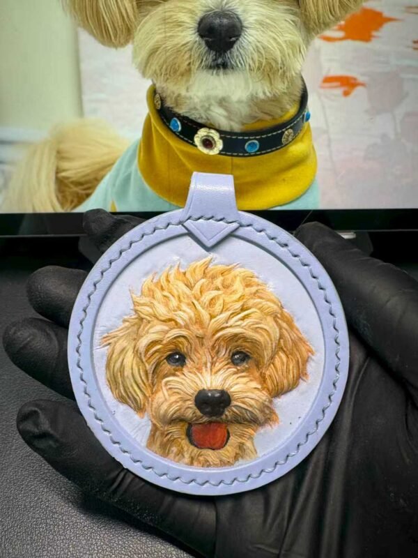 2.76in Round Custom Leather Carving Pet Tag – Handmade 3D Engraved Veg‑Tan Dog Cat Portrait