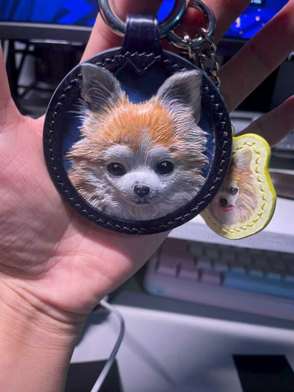 2.76in Round Custom Leather Carving Pet Tag – Handmade 3D Engraved Veg‑Tan Dog Cat Portrait