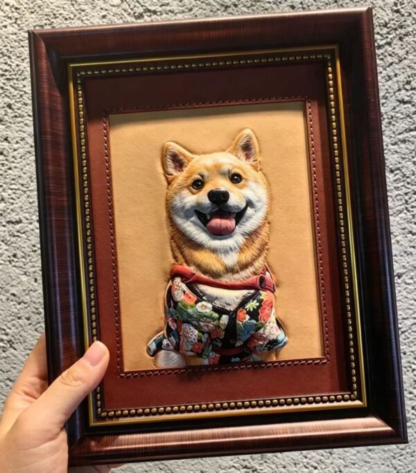 Custom Framed Pet Leather Carving Art | Personalized 3D Embossed Dog Portrait Leather Wall Art, Handmade Pet Memorial Frame Gift  3.15in*3.15in