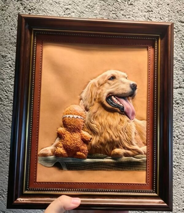 Custom Framed Pet Leather Carving Art | Personalized 3D Embossed Dog Portrait Leather Wall Art, Handmade Pet Memorial Frame Gift  3.15in*3.15in