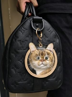 Custom Handmade Leather Carving Pet Portrait Bag Charm 2.76in