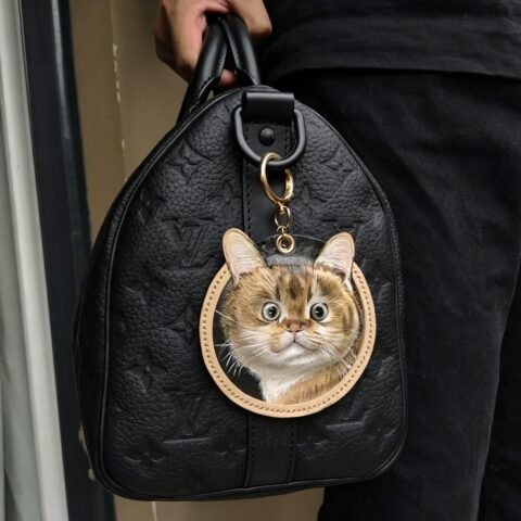 Custom Handmade Leather Carving Pet Portrait Bag Charm 2.76in