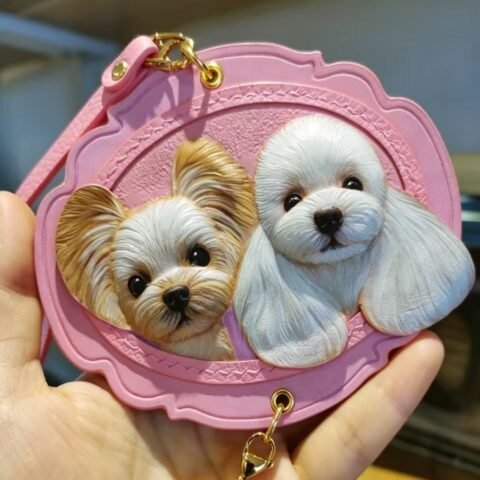 Custom Dual‑Pet Leather Carving Charm | 3D Portrait of Two Pets, Vintage Scalloped Genuine Leather Memorial Ornament 4.72in